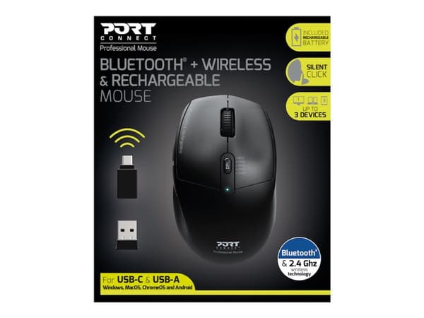 PORT Connect Professional - Mus - 5 knapper - kablet - 2.4 GHz, Bluetooth - USB / USB-C trådløse mottakere