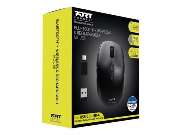 PORT Connect Professional - Mus - 5 knapper - kablet - 2.4 GHz, Bluetooth - USB / USB-C trådløse mottakere
