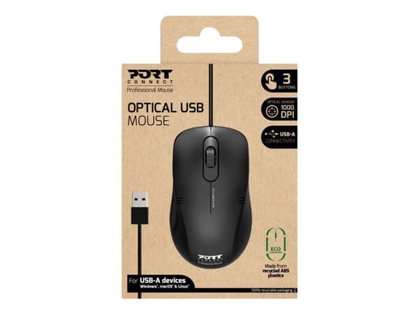 PORT OFFICE BUDGET PRO - Mus - höger- och vänsterhänta - optisk - 3 knappar - kabelansluten - USB