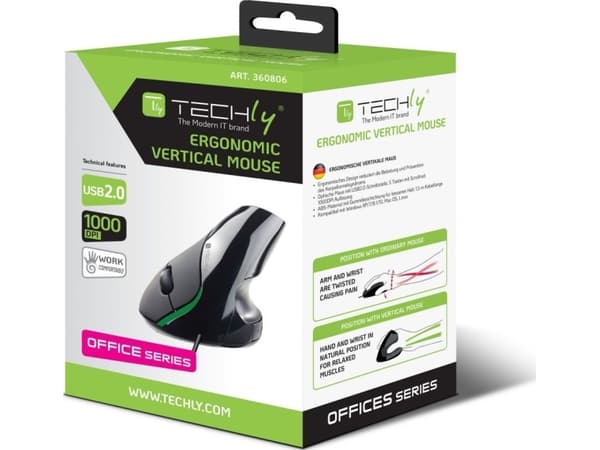 Techly IM 1000-VM, Vaakasuuntainen muotoilu, Optinen, USB A-tyyppi, 1000 DPI, Musta