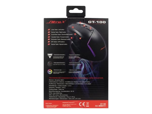 Inter-Tech GT-100 RGB, Oikeakätinen, Optinen, USB A-tyyppi, 6400 DPI, Musta
