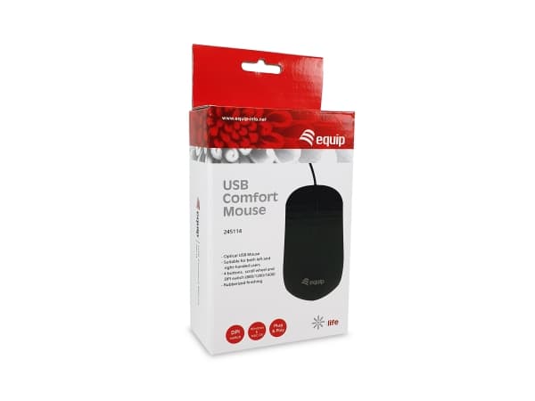 Equip 245114, Ambidextrous, Optisk, USB Type-A, 1600 DPI, Svart