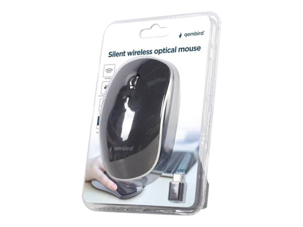 Gembird MUSW-4BSC-01 - Mus - optisk - 4 knappar - trådlös - 2.4 GHz - USB-C trådlös mottagare - svart - blåsa Svart