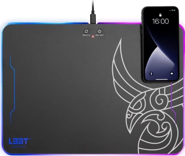 Gaming musematte L33T Kvennavagn, med RGB LED-belysning, QI-lading, 355x255x5,8 mm