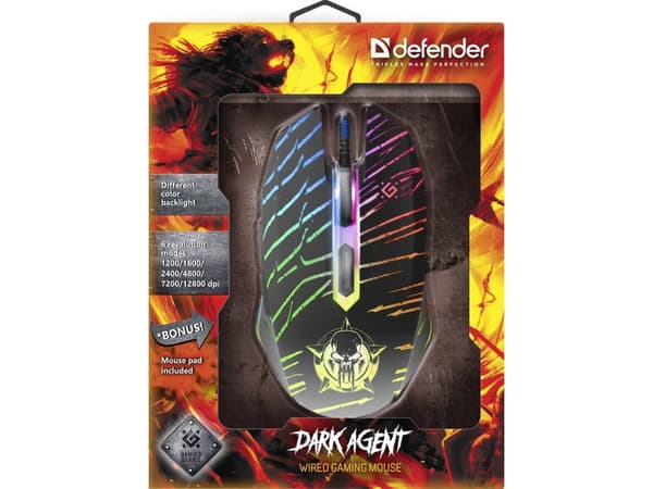 Defender DARK AGENT GM-590L, högerhand, Optisk, USB Type-A, 12800 DPI, Svart