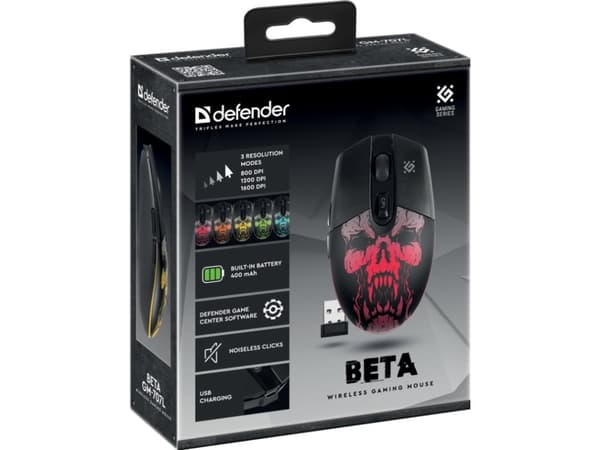 Defender Beta GM-707L, högerhand, Optisk, RF Trådlös, 1600 DPI, Svart