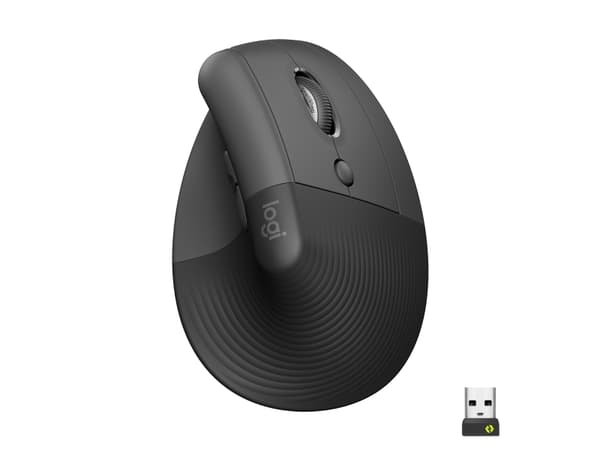Logitech Lift (høyre) - Vertikal mus - ergonomisk - optisk - 6 knapper - trådløst, kabling - Bluetooth, 2,4 GHz - trådløs mottaker (USB) - grafitt Grafitt