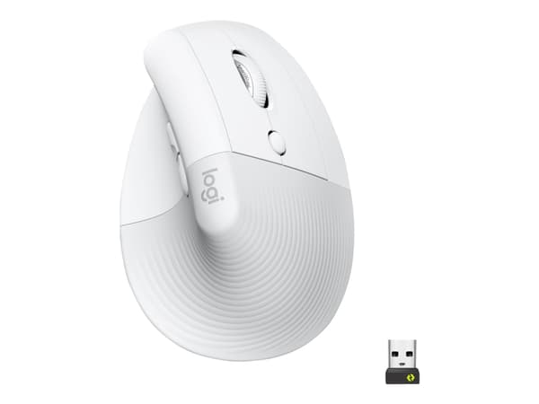 Logitech Lift (høyre) - Vertikal mus - ergonomisk - optisk - 6 knapper - trådløst, ledninger - Bluetooth, 2,4 GHz - trådløs mottaker (USB) - Off-whit