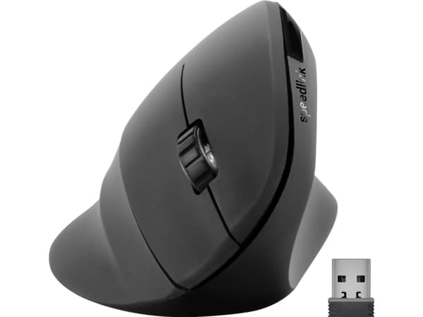 SPEEDLINK PIAVO - Vertikal mus - ergonomisk - högerhänt - optisk - 5 knappar - trådlös - 2.4 GHz - trådlös USB-mottagare - gummisvart - hängande låda