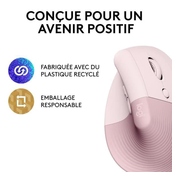 Logitech Lift Ergonomic Vertical Wireless Mouse, Bluetooth eller Logi Bolt USB-mottagare, Silent - Rosa