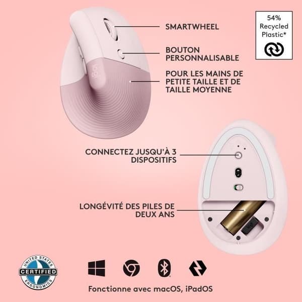 Logitech Lift Ergonomic Vertical Wireless Mouse, Bluetooth eller Logi Bolt USB-mottagare, Silent - Rosa