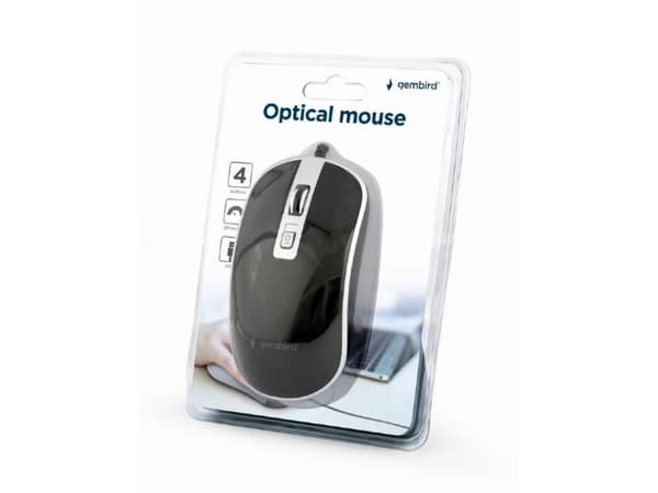 Gembird - Mus - optisk - 4 knappar - kabelansluten - USB - svart, silver - blåsa