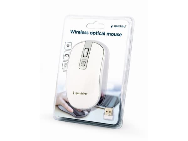 Gembird - Mus - ergonomisk - optisk - 4 knappar - trådlös - 2.4 GHz - trådlös USB-mottagare - vit, silver - blåsa