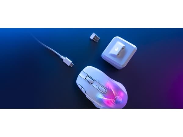 ROCCAT Kone XP Air, högerhand, Optisk, RF Wireless + Bluetooth + USB Type-A, 19000 DPI, Vit Vit