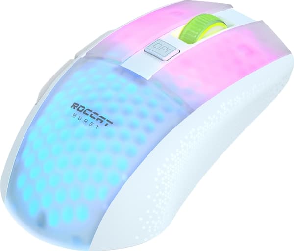ROCCAT Burst Pro Air, Ambidextrous, Optisk, RF Wireless + USB Type-C, 19000 DPI, Vit Vit