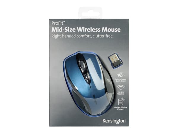 Kensington Pro Fit Mid-Size - Mus - høyrehendt - optisk - trådløs - 2.4 GHz - USB trådløs mottaker - safirblå