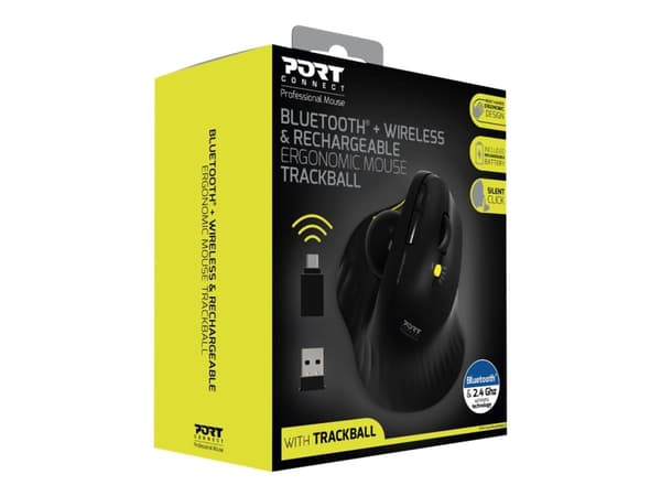 PORT Connect Professional - Vertikal mus - ergonomisk - with trackball - högerhänt - optisk - 5 knappar - trådlös - 2.4 GHz, Bluetooth 3.0, Bluetooth Svart