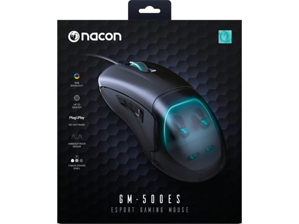 NACON PCGM-500ES, Molempikätinen, Optinen, USB A-tyyppi, 6400 DPI, Musta