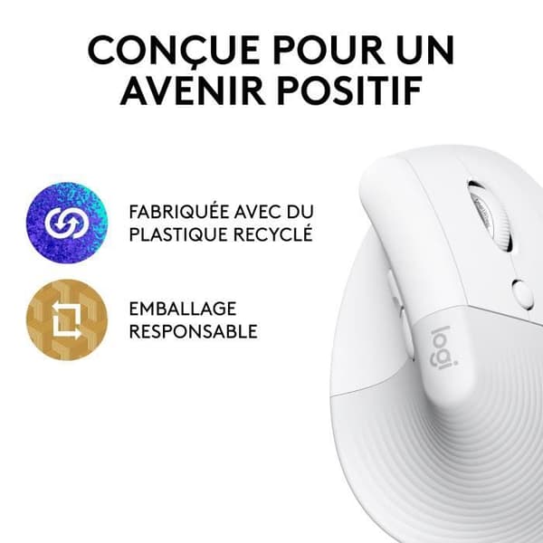 Logitech Lift Ergonomic Vertical Mouse, Trådlös, Tyst - Vit