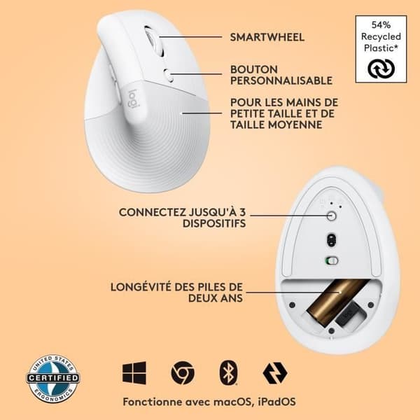 Logitech Lift Ergonomic Vertical Mouse, Trådlös, Tyst - Vit
