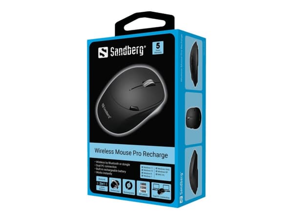 Sandberg Pro - Mus - optisk - 6 knappar - trådlös - 2.4 GHz, Bluetooth 4.0, Bluetooth 5.0 - trådlös USB-mottagare Svart