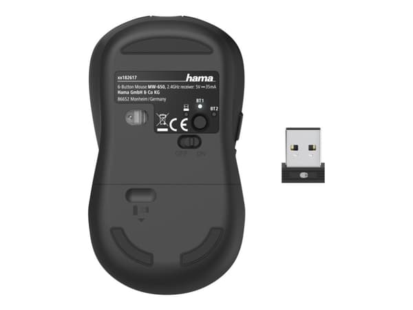 Hama MW-650 - Mus - högerhänt - optisk - 6 knappar - trådlös - 2.4 GHz, Bluetooth 5.0 - trådlös USB-mottagare - svart