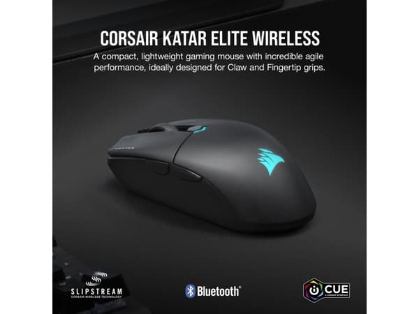 CORSAIR Gaming KATAR ELITE - Mus - optisk - 6 knapper - trådløs, kablet - USB-C, Bluetooth, 2.4 GHz - USB trådløs mottaker