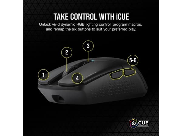 CORSAIR Gaming KATAR ELITE - Mus - optisk - 6 knapper - trådløs, kablet - USB-C, Bluetooth, 2.4 GHz - USB trådløs mottaker