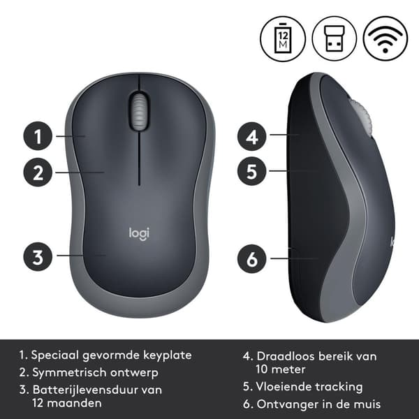 Logitech Wireless Notebook Mouse M185 - Mus - trådlös - USB - trådlös mottagare (USB) - Grå (910-002238)
