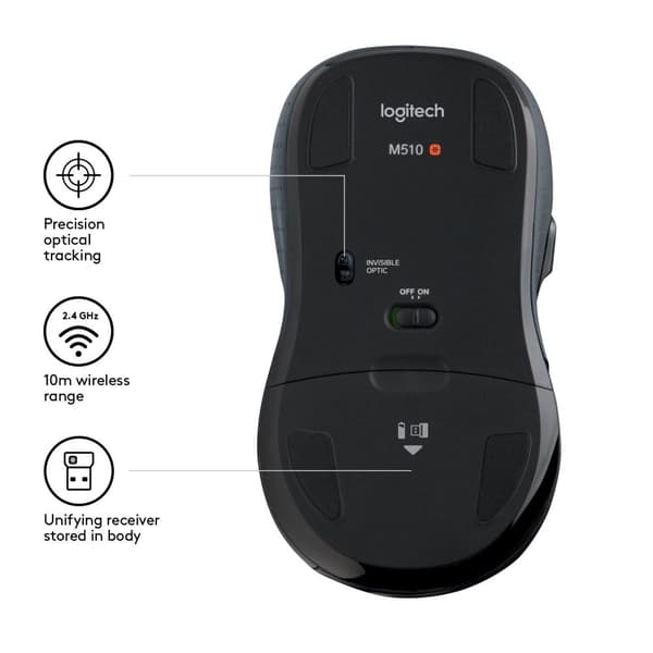 Logitech M510 - mus - högerhänt - laser - 5 knappar - trådlös - 2,4 GHz - trådlös mottagare (USB) - svart