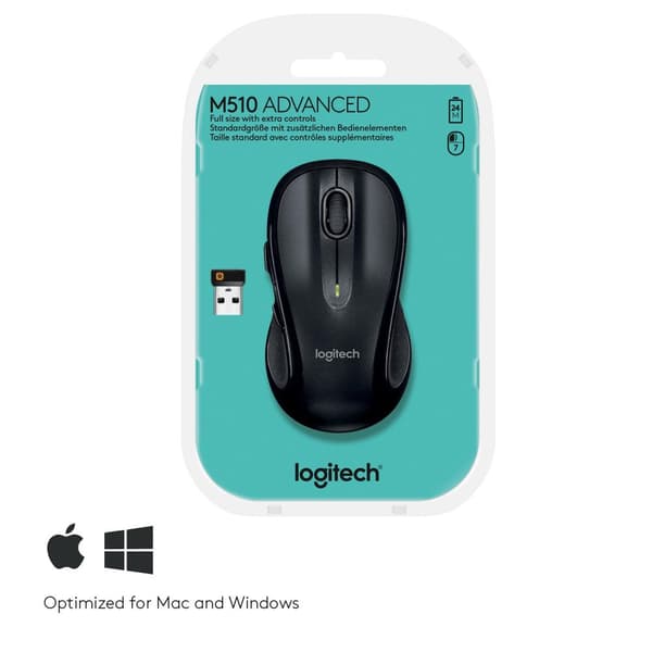 Logitech M510 - mus - högerhänt - laser - 5 knappar - trådlös - 2,4 GHz - trådlös mottagare (USB) - svart