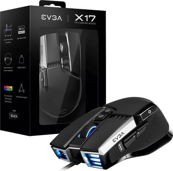 EVGA X17 - Mus - ergonomisk - optisk - 10 knapper - kablet - USB - grå Sort