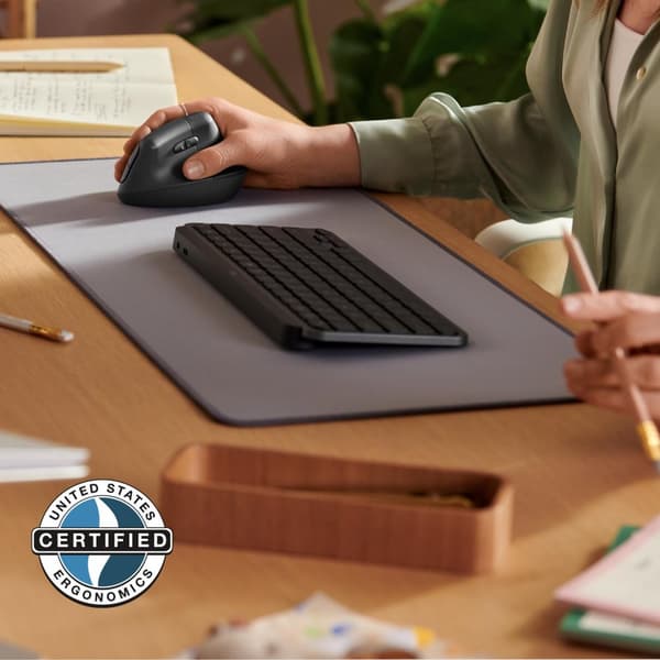 Logitech Lift for Business - Vertikal mus - ergonomisk - 6 knappar - trådlös - Bluetooth, 2,4 GHz - Logitech Logi Bolt USB-mottagare - Grafit (910-006