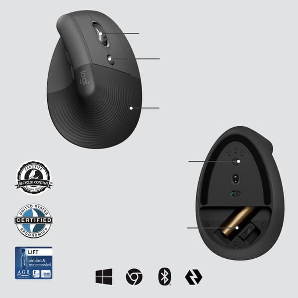 Logitech Lift for Business - Vertikal mus - ergonomisk - 6 knappar - trådlös - Bluetooth, 2,4 GHz - Logitech Logi Bolt USB-mottagare - Grafit (910-006
