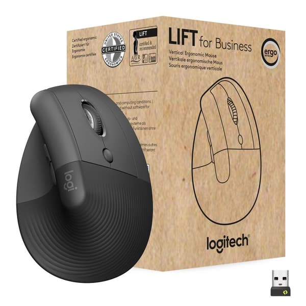 Logitech Lift for Business - Vertikal mus - ergonomisk - 6 knappar - trådlös - Bluetooth, 2,4 GHz - Logitech Logi Bolt USB-mottagare - Grafit (910-006 grafit