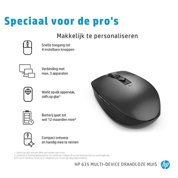 HP 635 Multi-Device Mus Ambidextrous RF trådlös + Bluetooth 1200 DPI