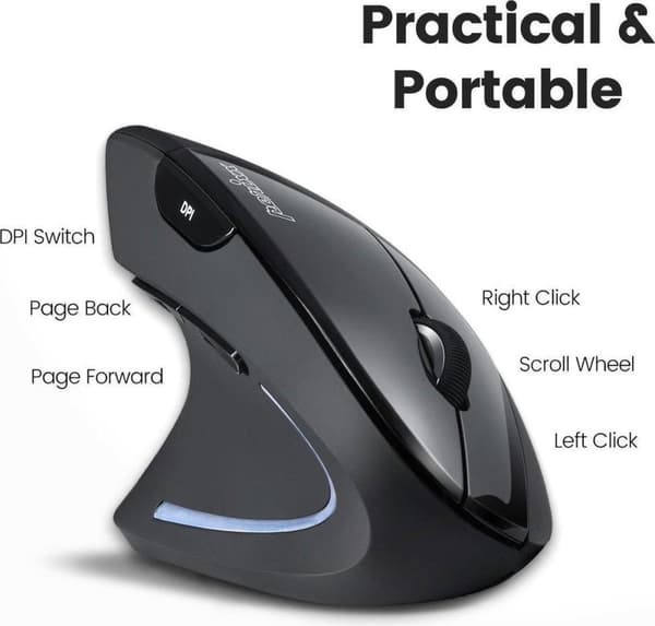 Perixx Perimice-713L Ergonomisk mus USB Optisk Svart 5 nycklar 2000 dpi Ergonomisk