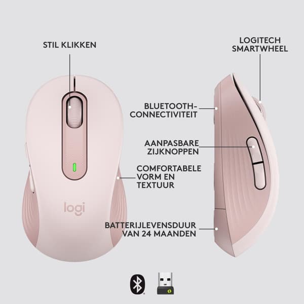 Logitech Signature M650 - Mus - optisk - 5 knappar - trådlös - Bluetooth, 2,4 GHz - Logitech Logi Bolt USB-mottagare - rosa (910-006254)