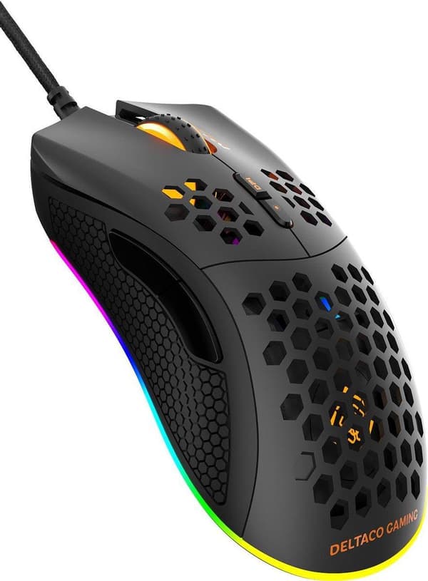 DELTACO GAMING GAM-108 Ultrakevyt pelihiiri - 7 painiketta - 6400 DPI - Kumitetut sivukahvat - RGB/musta