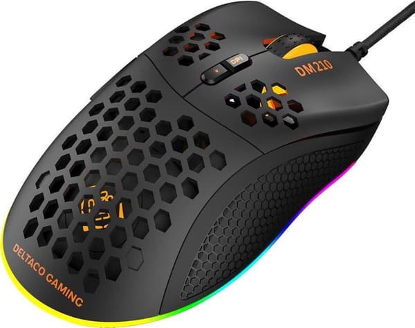 DELTACO GAMING GAM-108 Ultrakevyt pelihiiri - 7 painiketta - 6400 DPI - Kumitetut sivukahvat - RGB/musta