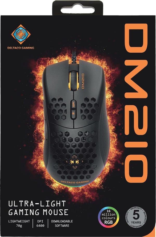 DELTACO GAMING GAM-108 Ultrakevyt pelihiiri - 7 painiketta - 6400 DPI - Kumitetut sivukahvat - RGB/musta