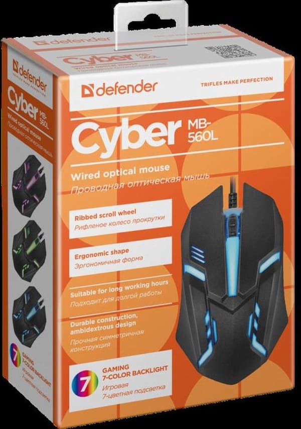 MOUSE DEFENDER CYBER MB-560L SVART 7 FÄRGER 1200DPI 3P