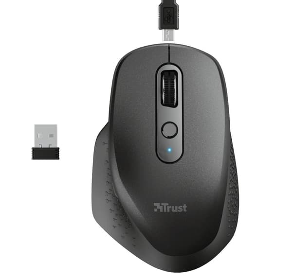 Trust Ozaa - Trådlös mus med USB-dongel - Uppladdningsbar - Svart