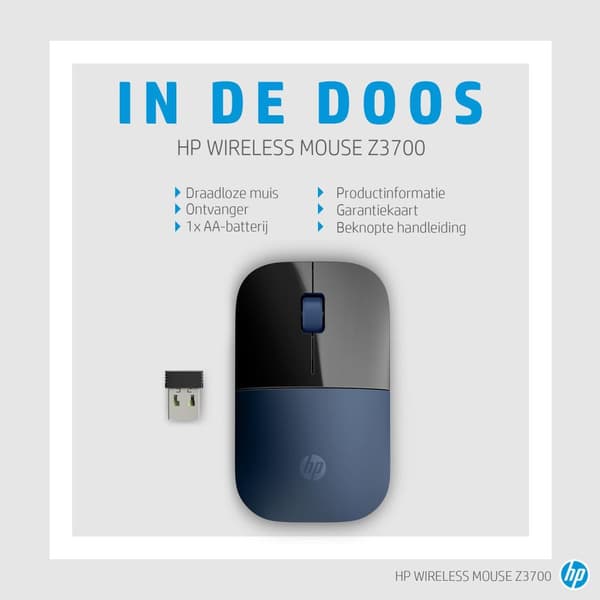 HP Z3700 - Mus - optisk - trådlös - 2,4 GHz - trådlös mottagare (USB) - blå (V0L81AA#ABB)