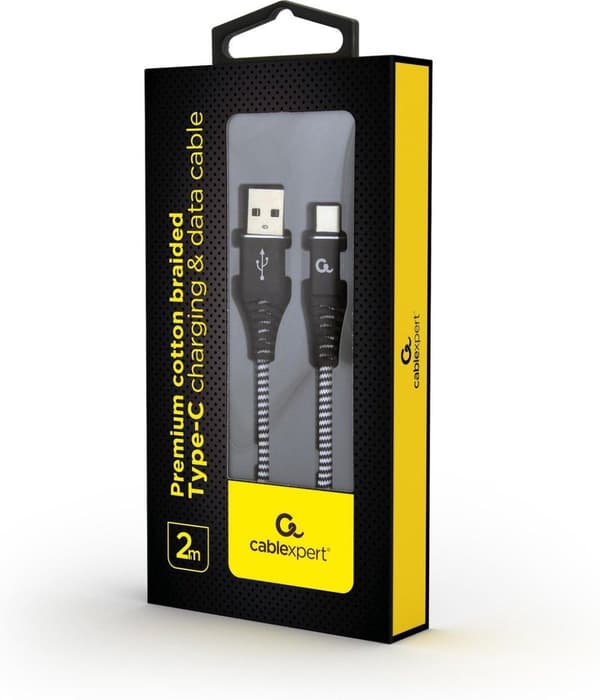 Premium USB Type-C laddnings- och datakabel "bomull", 2 m, svart/vit