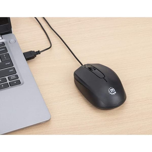 MANHATTAN Comfort II USB-A optisk mus, tre knappar + rullhjul, 1000 dpi, Ambidextrous, 1,2 m kabel, svart (190190)