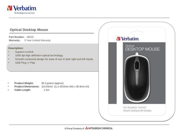 Verbatim 49019 Mus USB Type-A Optisk 1000 DPI Ambidextrous