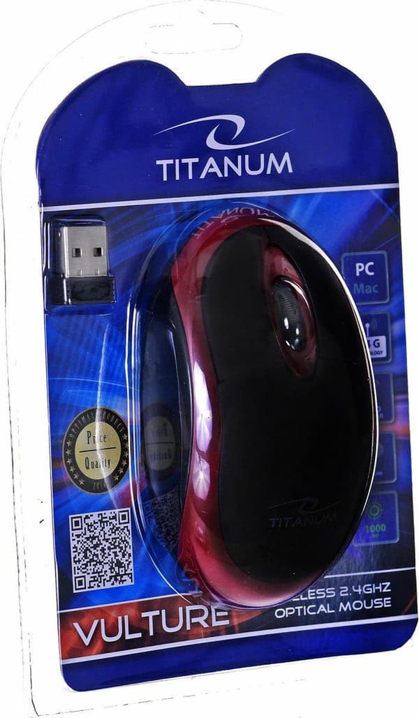 Titanum TM116E Trådlös 3D-mus 2,4GHZ Svart / Röd