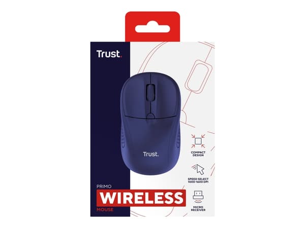 Trust Primo - Mus - høyre- og venstrehåndet - optisk - 4 knapper - trådløs - 2.4 GHz - USB trådløs mottaker - matt mørk blå