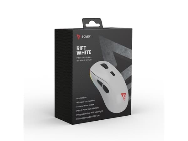 Savio RIFT WHITE gaming mouse RGB Dual Mode, Ambidextrous, Optisk, Bluetooth + USB Type-A, Svart